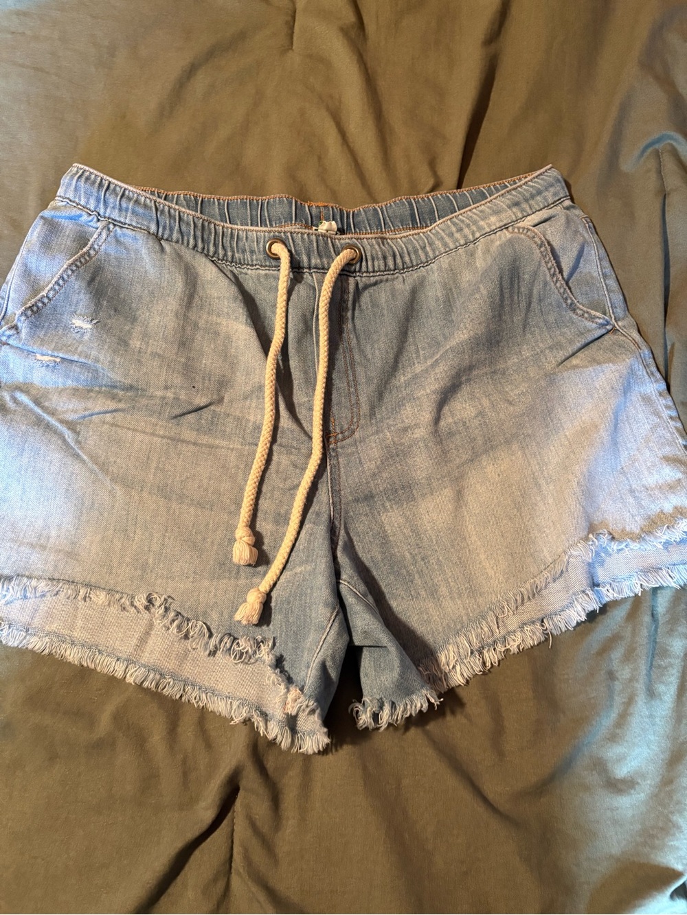 Aerie Light Blue Denim Drawstring Frayed Hem Shorts